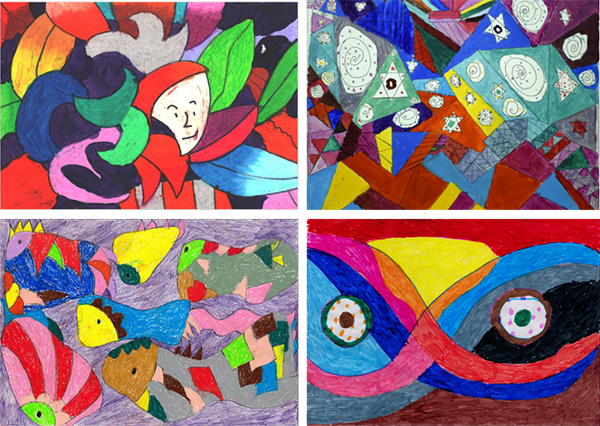 部分作品展示左上：《葉叢與面孔》劉一,上海自閉癥；右上：《斑駁的星光》婷婷，成都，精神障礙左下：《無名》娜娜，成都，精神障礙右下:《無名》娜娜,成都,精神障礙 